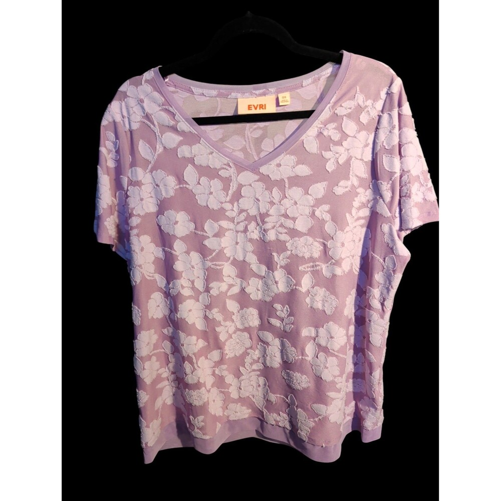 EVRI Purple Lace Floral V-Neck Short Sleeve Top, Size 0X